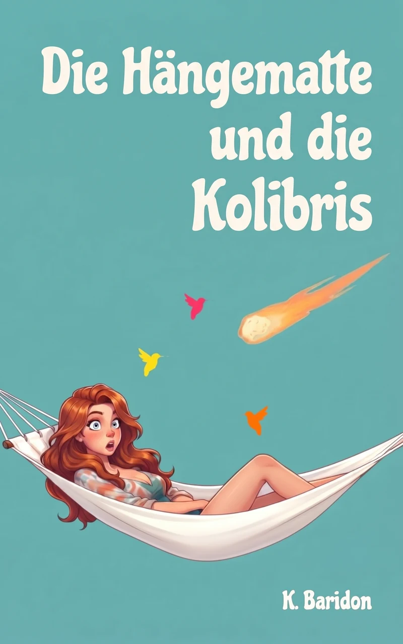 Cover des Romans Die Hängematte und die Kolibris von Karine Baridon: Coraline in ihrer Hängematte, zwischen Kolibris, ein Meteorit stürzt herab
