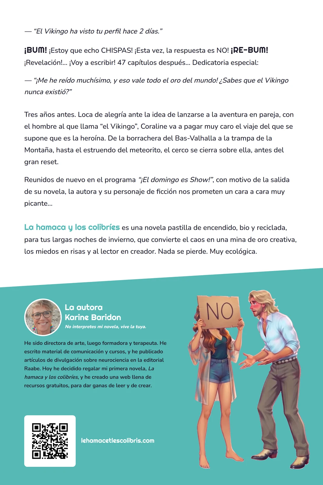Contraportada de la novela La hamaca y los colibríes, de Karine Baridon