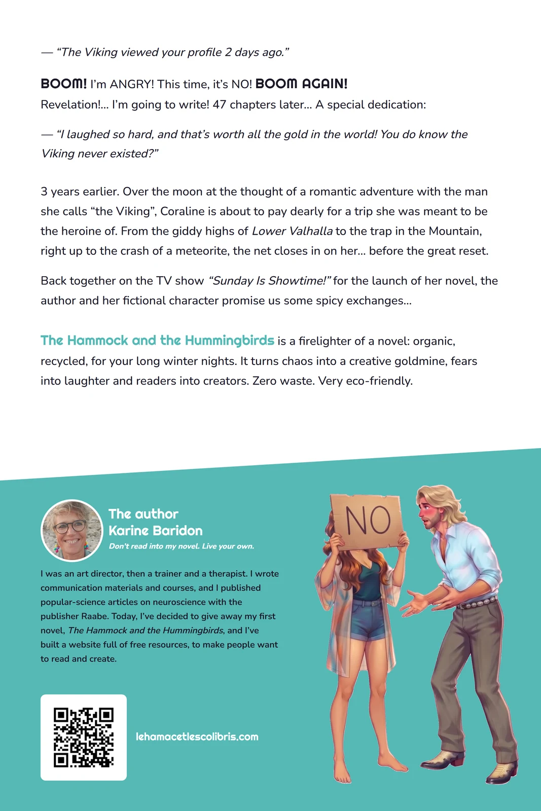 Back cover of the novel The Hammock and the Hummingbirds, by Karine Baridon