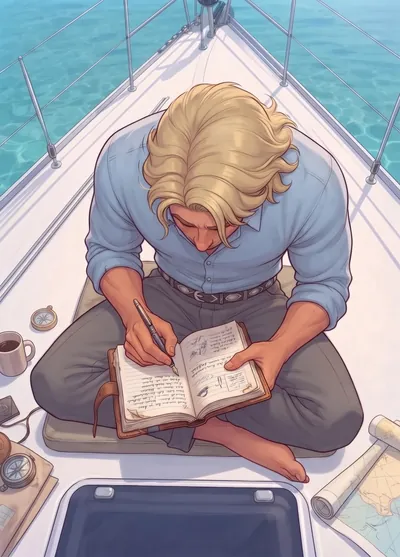L’uomo biondo scrive con la stilografica su un quaderno