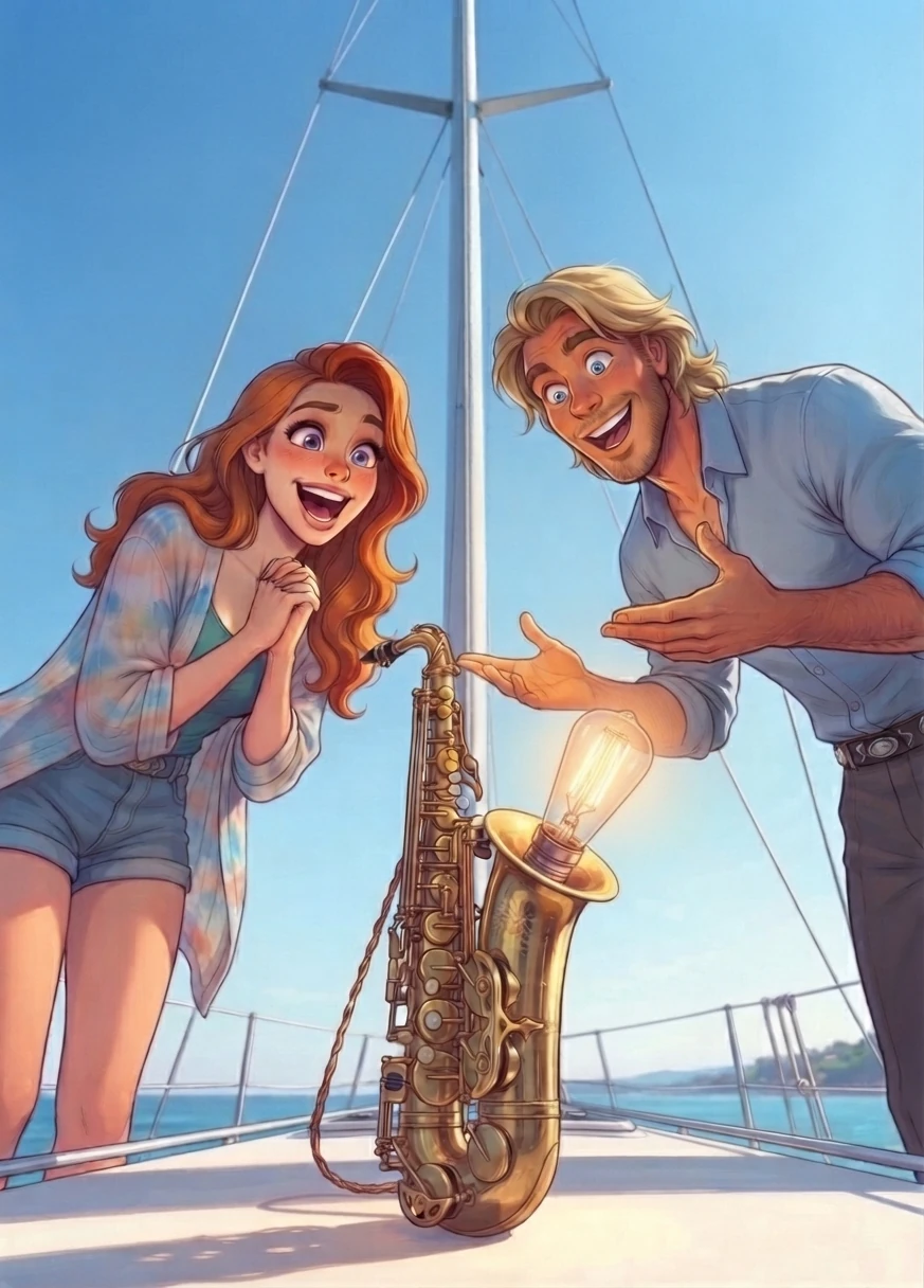 Coraline Solemare e l'uomo biondo, incantati, scoprono una lampadina accesa che esce dalla campana di un sassofono posato sul ponte della barca
