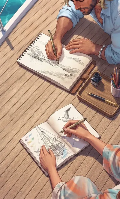 Coraline e l’uomo biondo disegnano ognuno su un quaderno sul ponte della barca
