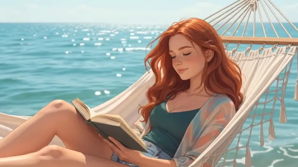 Coraline legge nell'amaca davanti al mare