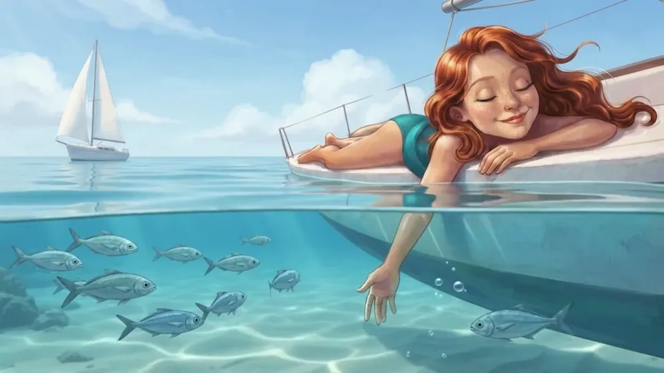 Coraline fa la siesta sulla barca a vela, con la mano nell'acqua