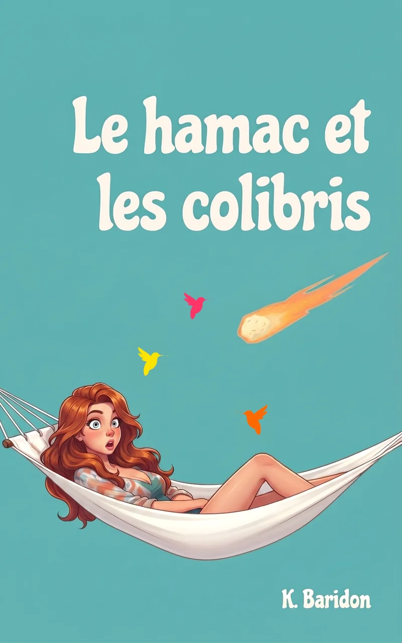 Portada de la novela La hamaca y los colibríes, de Karine Baridon — una mujer pelirroja tumbada en una hamaca blanca sobre fondo turquesa, tres colibríes de colores encima de ella y un cometa que cruza el cielo