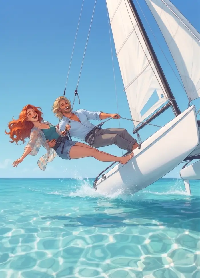 Coraline e l’uomo biondo al trapezio di un catamarano