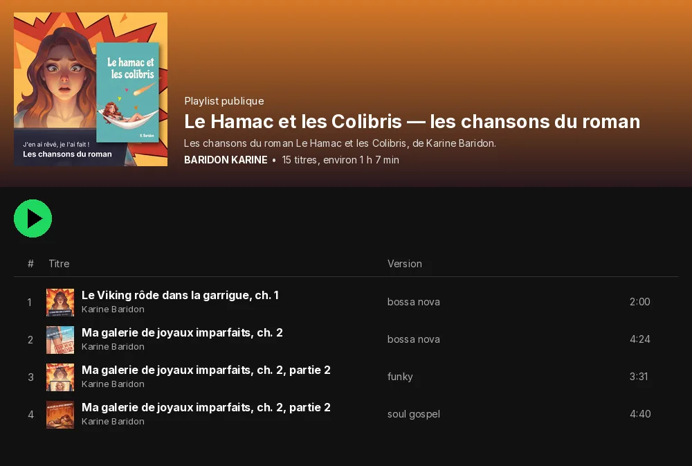 Vista previa de la playlist de Spotify con las canciones de la novela La hamaca y los colibríes, de Karine Baridon