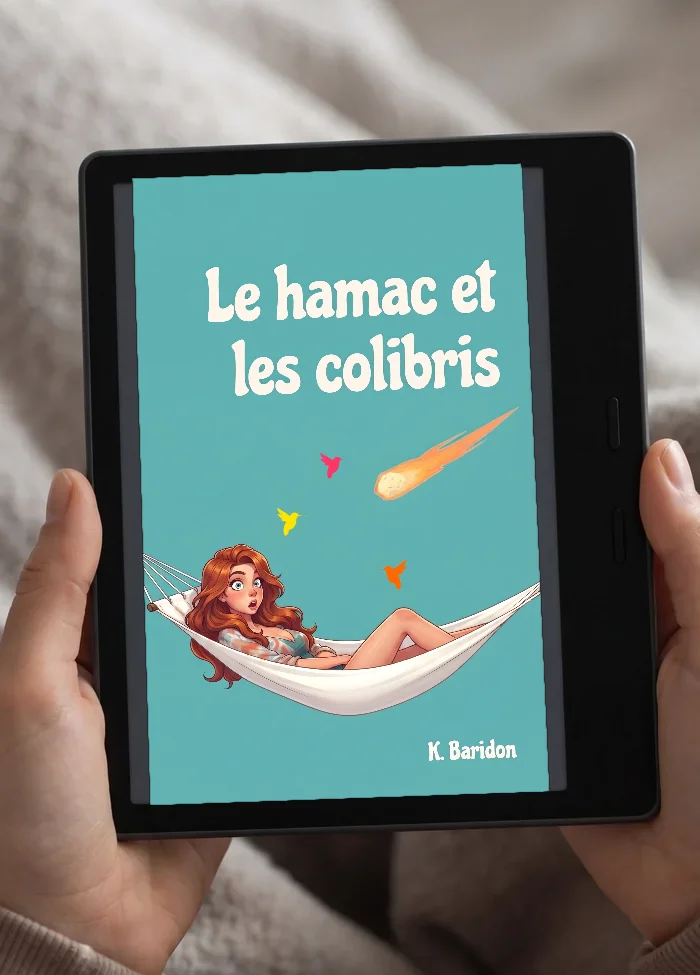 Il romanzo L'amaca e i colibrì su un e-reader, tenuto con due mani