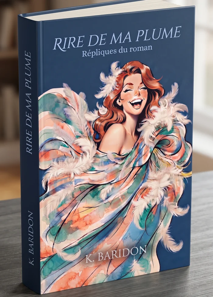 El libro Reír con mi pluma, las frases divertidas de la novela La hamaca y los colibríes: Coraline se ríe a carcajadas con un chal de plumas en la portada.