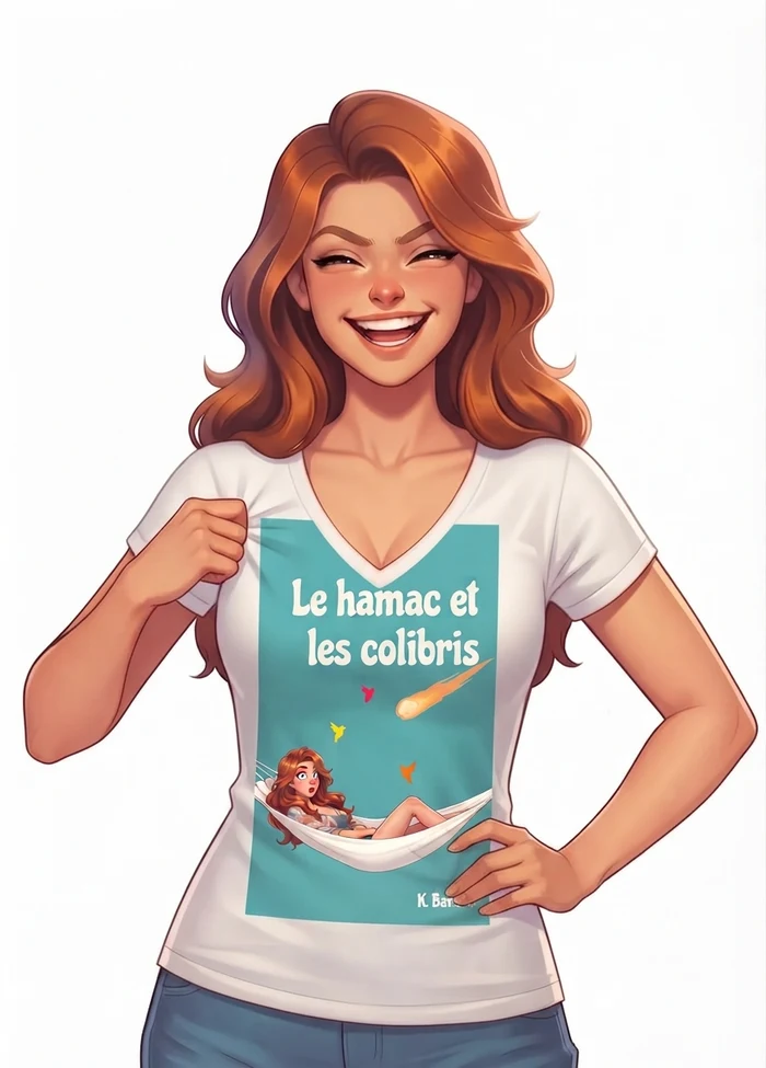 Coraline scoppia a ridere e mostra la maglietta con la copertina del romanzo L'amaca e i colibrì