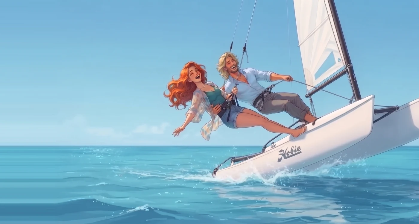 Coraline Solemare e l’uomo biondo al trapezio di un catamarano lanciato nel vento, illustrazione del romanzo L'amaca e i colibrì