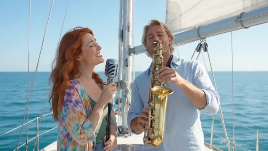 Coraline canta, il Vichingo suona il sassofono sulla barca a vela